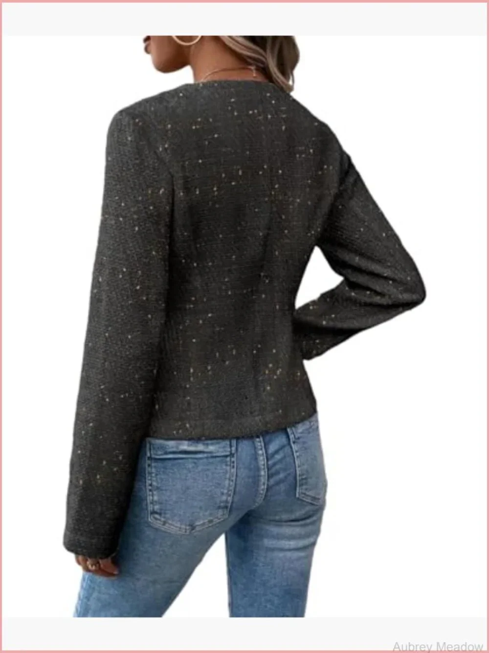 Women's Tweed Blazer Jacket Collarless Open Front Fully Lined Cropped Fit
